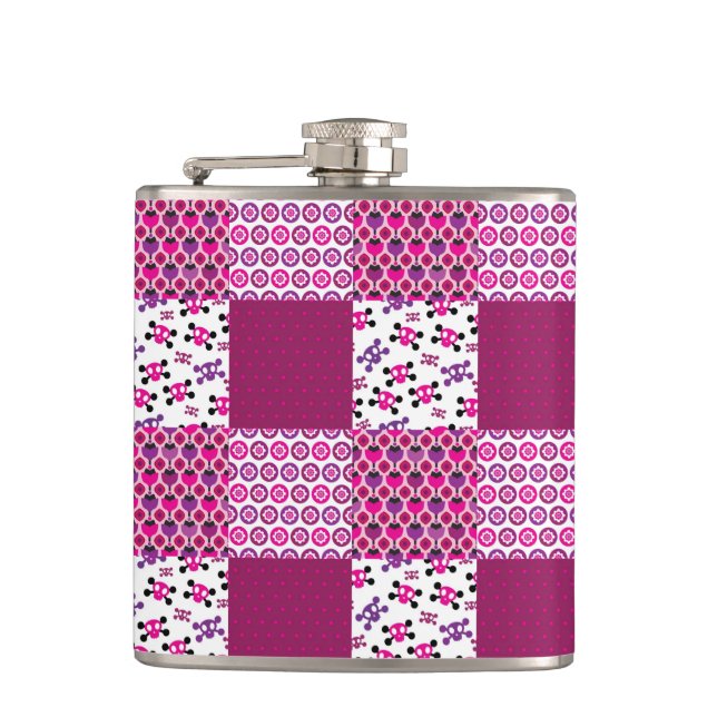 Retro flower skull polka dot hip flask (Front)