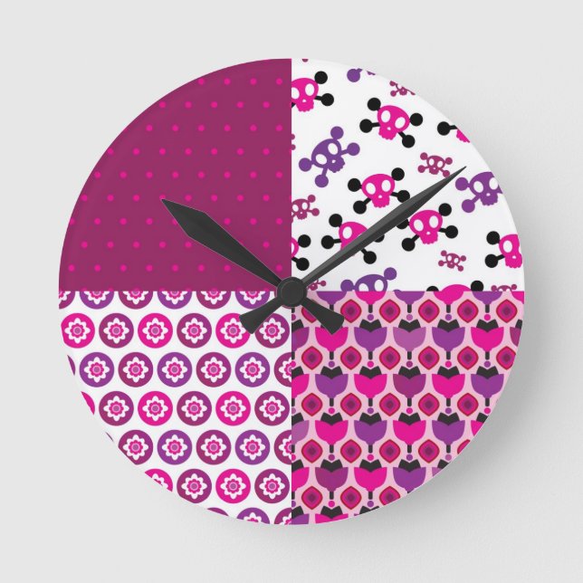 Retro flower skull polka dot round clock (Front)