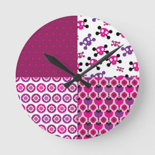 Retro flower skull polka dot round clock