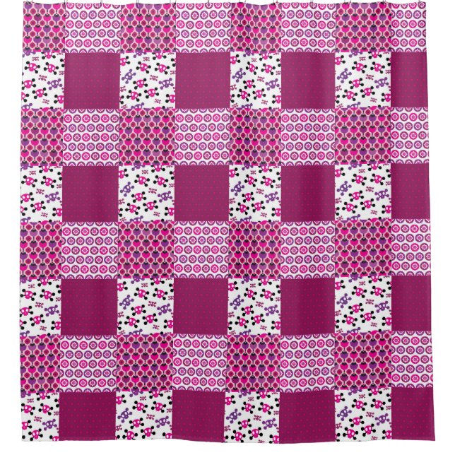 Retro flower skull polka dot shower curtain (Front)