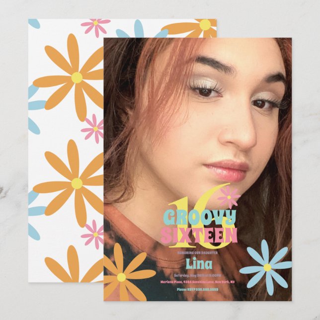  Retro Flower Sweet 16 Birthday Party Photo Invitation (Front/Back)