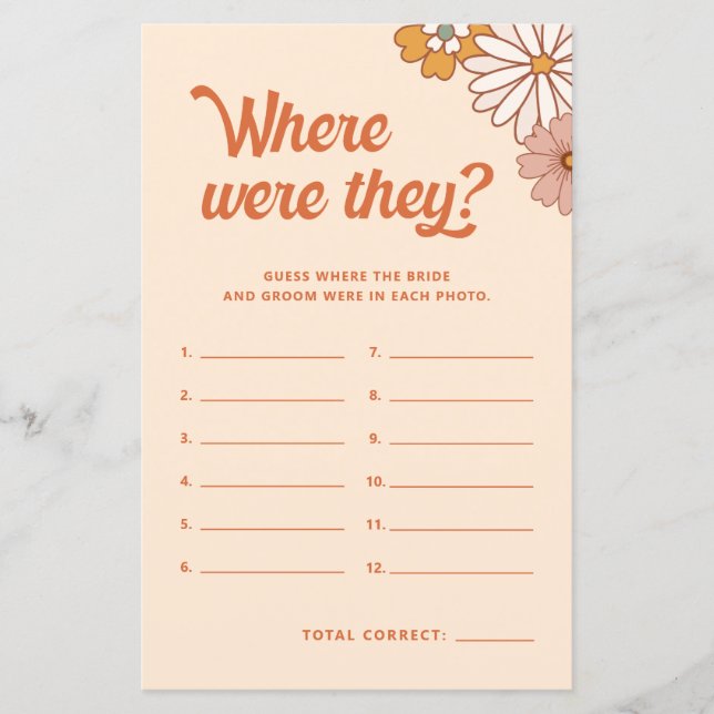 Retro Flower Where Were They Bridal Shower Game (Front)