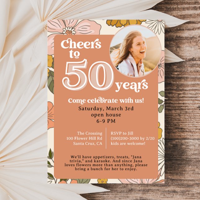Retro Flowers 50th Birthday Invitation with photo (Creator Uploaded)