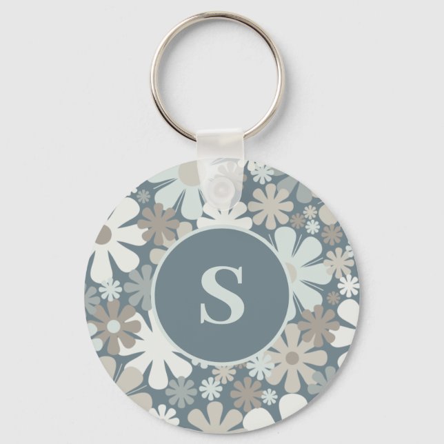 Retro Flowers 60s 70s Aesthetic Floral Initial Key Ring (Front)