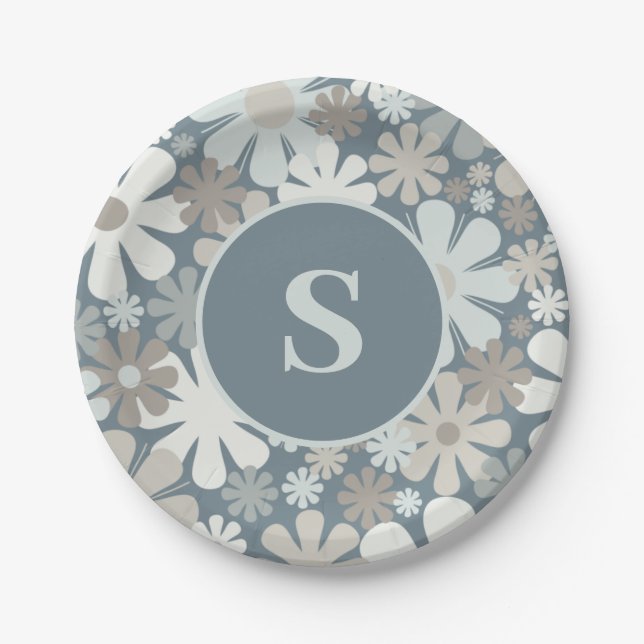 Retro Flowers 60s 70s Aesthetic Floral Initial Paper Plate (Front)