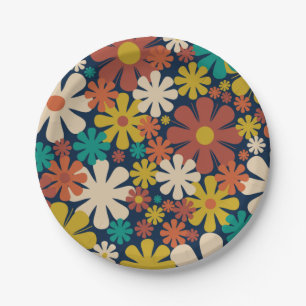 Retro Flowers 60s 70s Aesthetic Floral Pattern Paper Plate