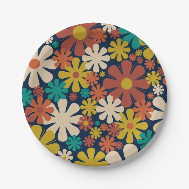 Retro Flowers 60s 70s Aesthetic Floral Pattern Paper Plate (Front)