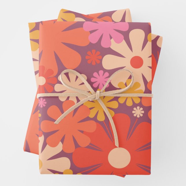 Retro Flowers 60s 70s Aesthetic Floral Pattern Wrapping Paper Sheet (In situ)