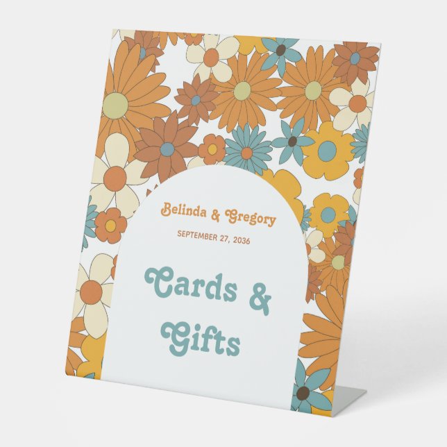 Retro Flowers 60's 70's Arch Wedding Card Gifts  Pedestal Sign (Front)