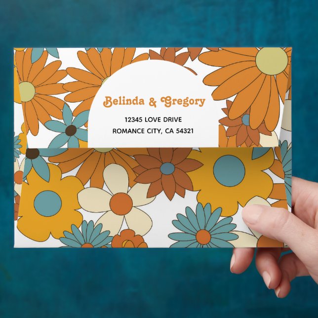 Retro Flowers 60's 70's Arch Wedding Invitation Envelope (Hand)