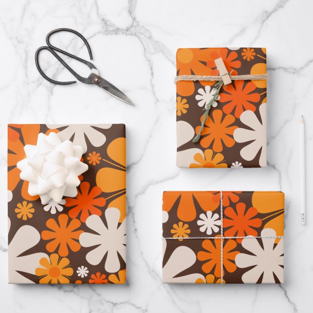 Retro Flowers 60s 70s Floral Pattern Brown Orange Wrapping Paper Sheet (Front)