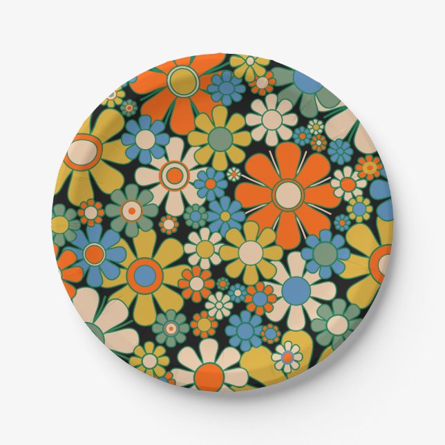 Retro Flowers 60s 70s Floral Pattern Paper Plate (Front)