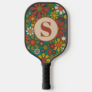 Retro Flowers 60s 70s Floral Pattern with Initial Pickleball Paddle