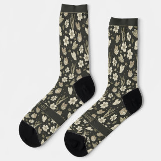 Retro Flowers and Butterflies on Dark Grey Socks