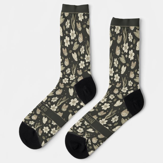 Retro Flowers and Butterflies on Dark Grey Socks (Left)