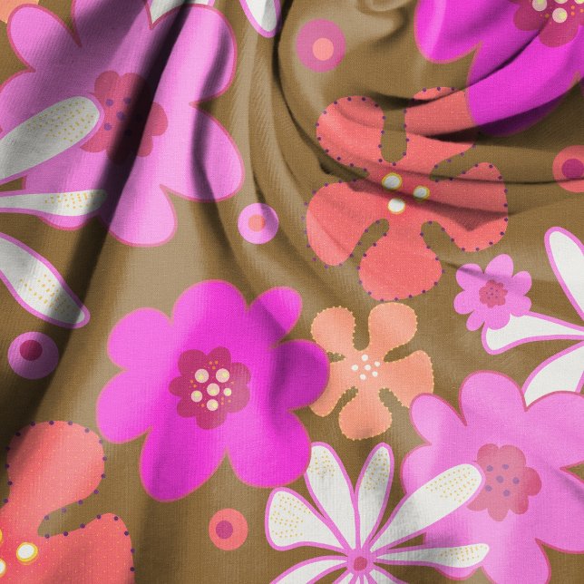 Retro Flowers Art Pattern Pink Brown Fabric (Creator Uploaded)