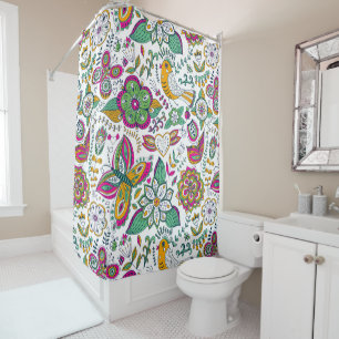 Retro Flowers Birds & Butterflies Colourful Patter Shower Curtain