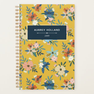 Retro Flowers Blush Yellow Blue Floral Pattern Planner