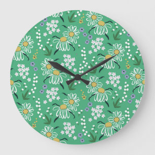 Retro Flowers, Botanical Seamless Pattern. Large Clock