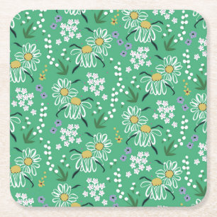 Retro Flowers, Botanical Seamless Pattern. Square Paper Coaster