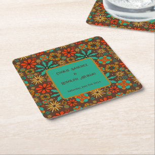 Retro Flowers Brown Teal Red floral groovy 60s  Square Paper Coaster