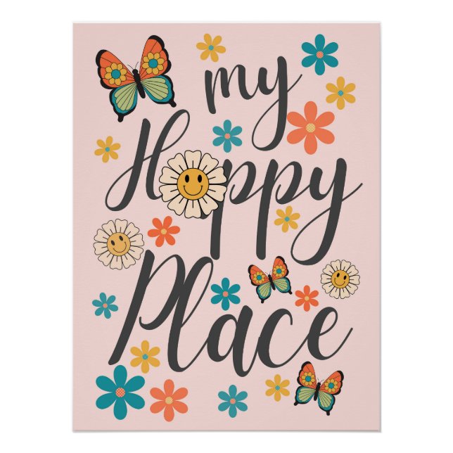 Retro Flowers Butterfly Wall Poster Art  (Front)