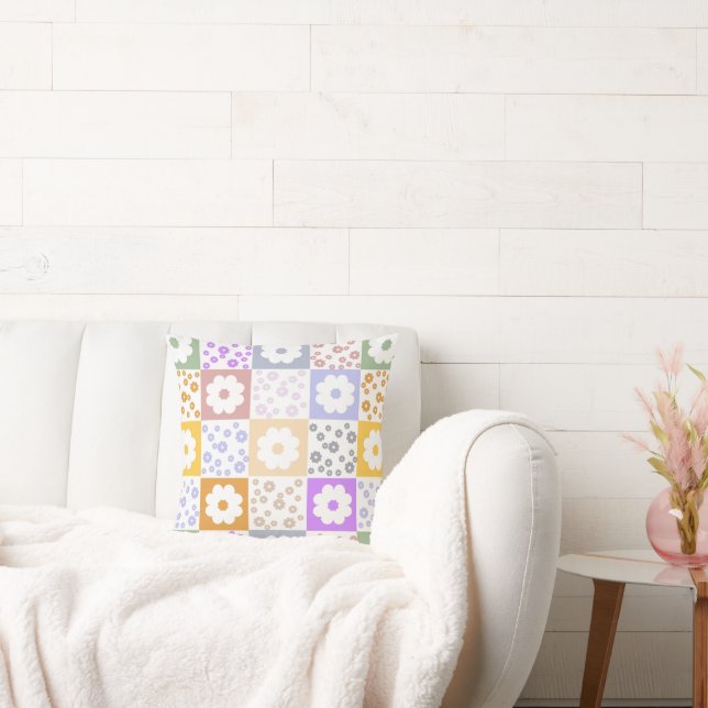 Retro Flowers Chequered Cushion (Couch)