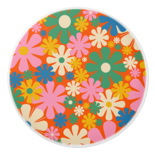 Retro Flowers Colourful 60s 70s Floral Pattern Ceramic Knob