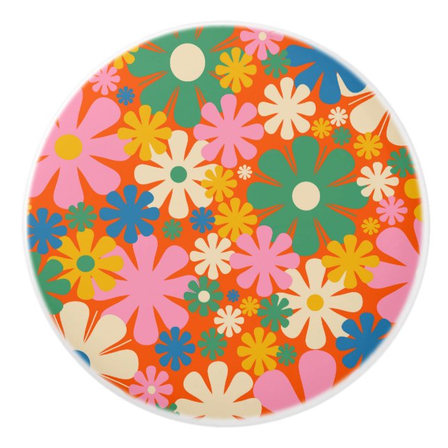 Retro Flowers Colourful 60s 70s Floral Pattern Ceramic Knob (Front)