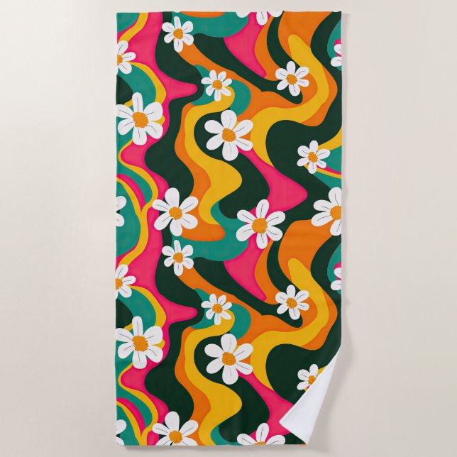 Retro Flowers Colourful 70s Hippie Pattern  Beach Towel (Front)