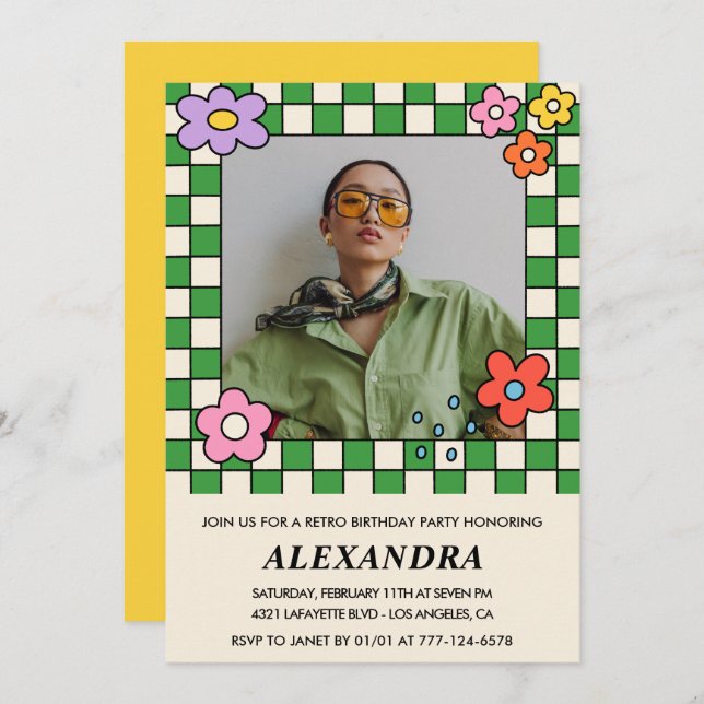 Retro Flowers Groovy Photo 39th birthday Invitation (Front/Back)