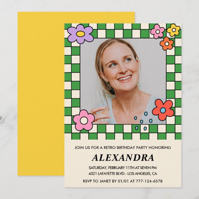 Retro Flowers Groovy Photo 54th birthday Invitation (Front/Back)