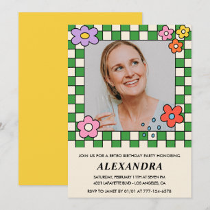 Retro Flowers Groovy Photo 54th birthday Invitation