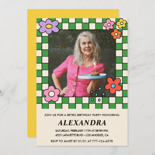 Retro Flowers Groovy Photo 73rd birthday Invitation