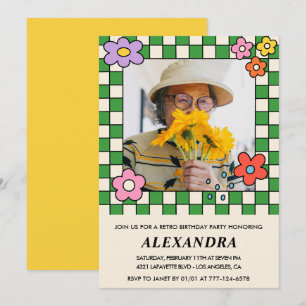 Retro Flowers Groovy Photo 96th birthday Invitation