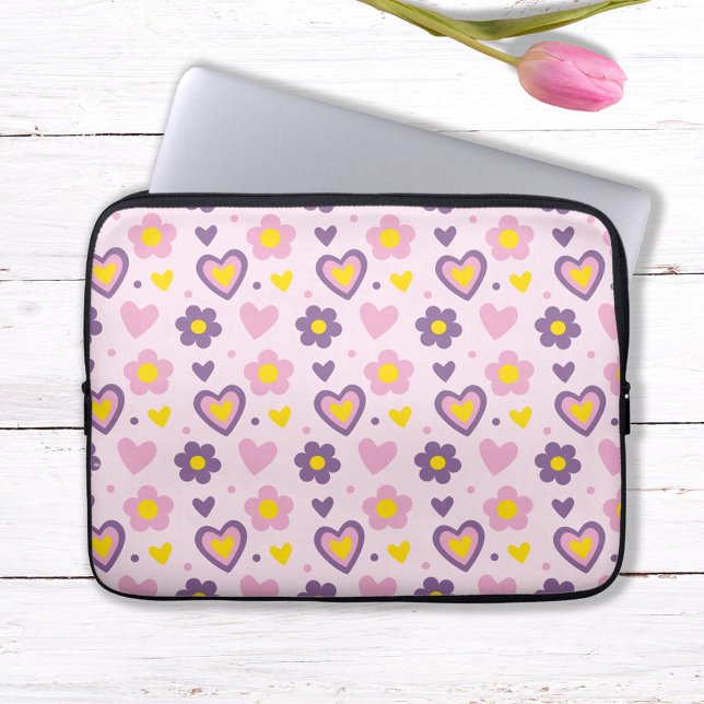 Retro Flowers Hearts Pattern Pink, Purple, Yellow Laptop Sleeve (Creator Uploaded)