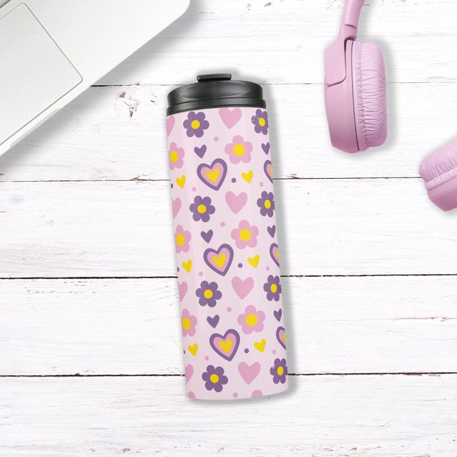 Retro Flowers Hearts Pattern Pink, Purple, Yellow Thermal Tumbler (Creator Uploaded)