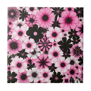 Retro Flowers in Pink and Black Tile