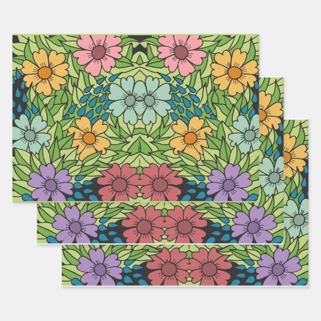 Retro Flowers Large Scale Multicolored Wrapping Paper Sheet (Set)