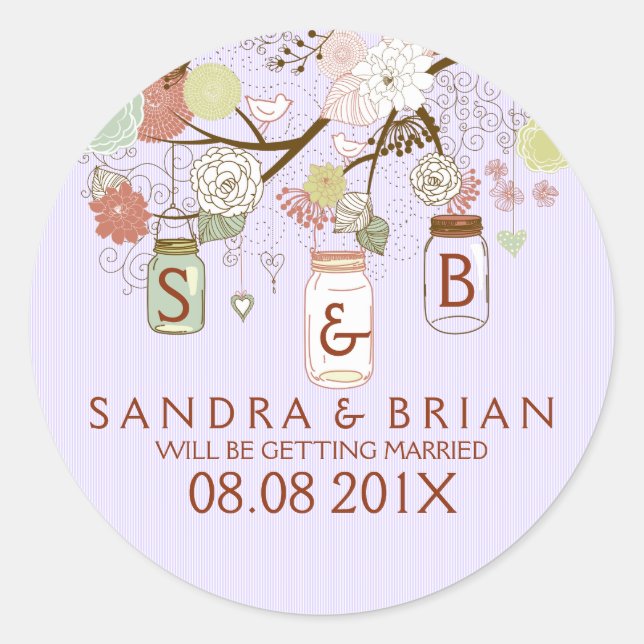 Retro Flowers & Lavender Stripes Hanging Mason Jar Classic Round Sticker (Front)