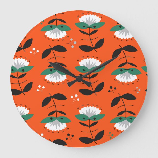 Retro flowers, leaves: seamless pattern. large clock (Front)