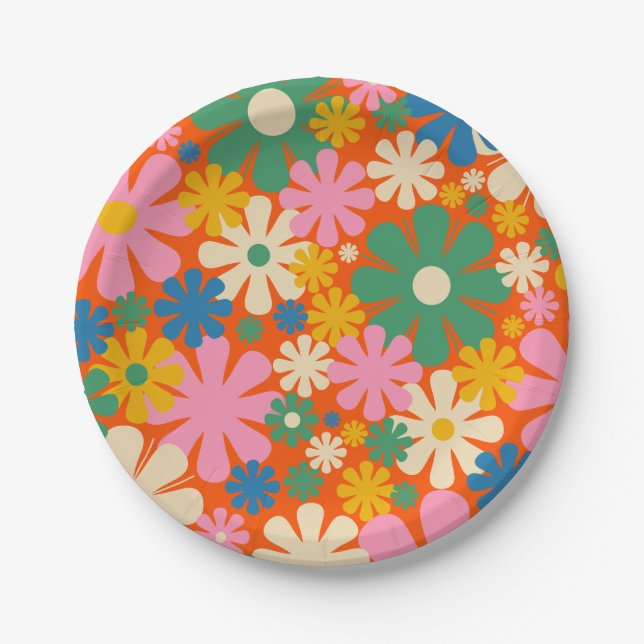 Retro Flowers Multi-Colour 60s 70s Floral Pattern Paper Plate (Front)