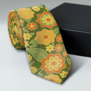 Retro Flowers - olive green orange gold Tie