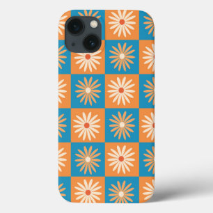 Retro Flowers on Blue and Orange Checkerboards  iPhone 13 Case