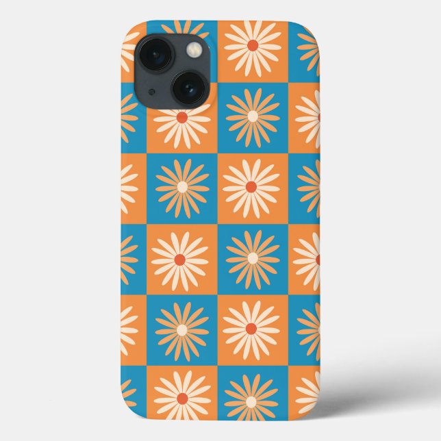 Retro Flowers on Blue and Orange Checkerboards  Case-Mate iPhone Case (Back)