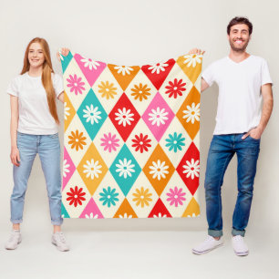 Retro Flowers on Colourful Harlequin Diamonds Fleece Blanket