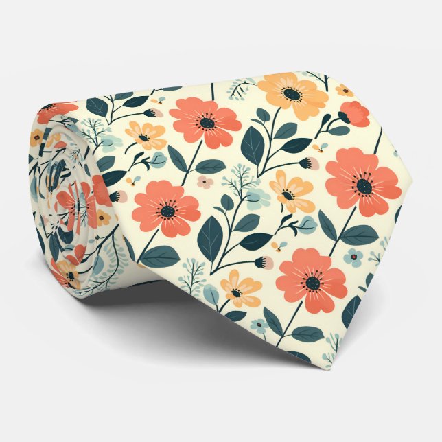 Retro Flowers On Lemon Yellow Tie (Rolled)