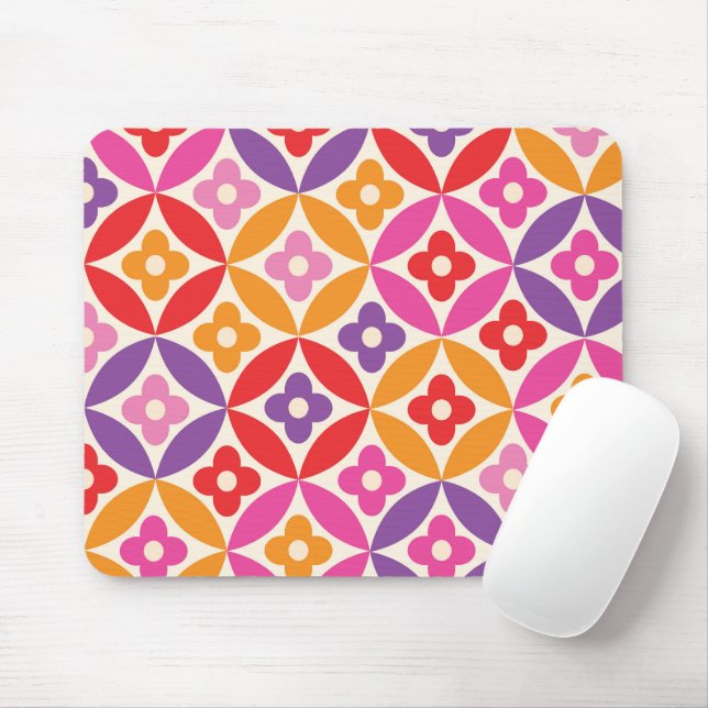 Retro  Flowers on Mid Century Circles Pattern  Mouse Mat (With Mouse)