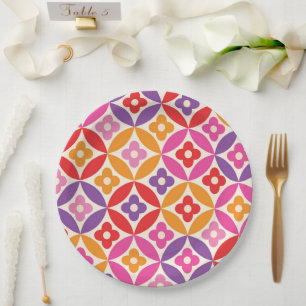 Retro Flowers on Mid Century Circles Pattern Paper Plate