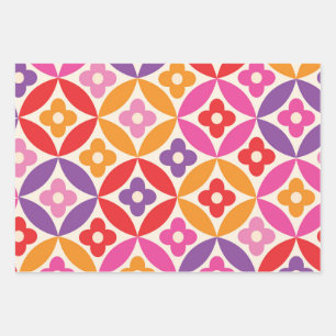 Retro Flowers on Mid Century Circles Pattern Wrapping Paper Sheet
